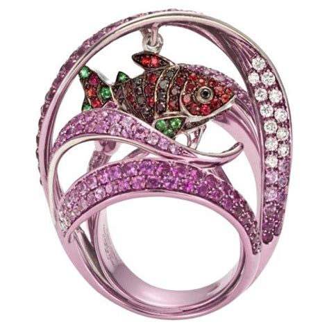 Red Coral Reef Fish Ring In Pink E Coated 18k White Gold For Sale At