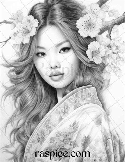 40 Beautiful Japanese Girls Grayscale Coloring Pages Printable For Adu