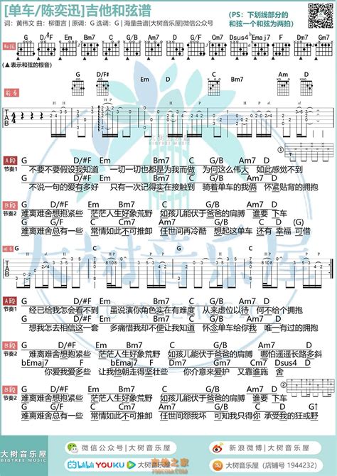 单车吉他谱 单车吉他和弦谱g调 陈奕迅 大树音乐屋 G调吉他谱大全 吉他之家