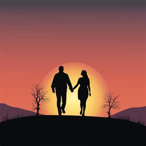 Pareja Cogidos De La Mano Caminando Al Atardecer Silueta De Pareja