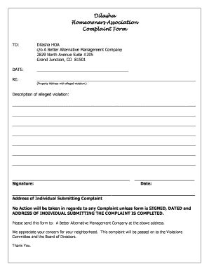 Dilasha Homeowners Association Complaint Form Fill And Sign Printable