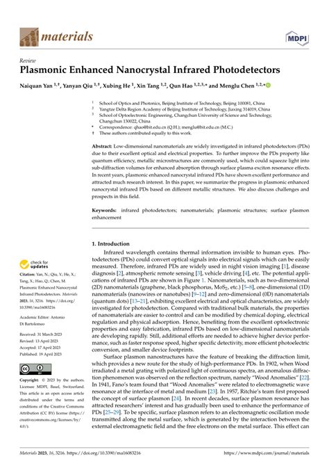 Pdf Plasmonic Enhanced Nanocrystal Infrared Photodetectors