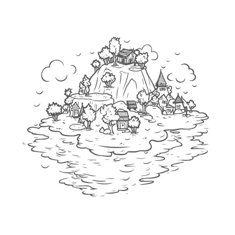 An Island With Villages A Black And White Coloring Page Illustration