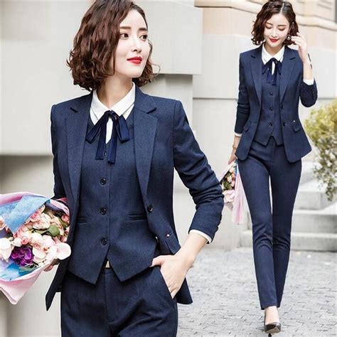 Newest Navy 3 Piece Sets Women Work Pant Suits Blazer Jacket And Zippe