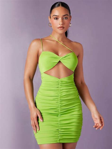 Shein Bae One Shoulder Twist Front Cut Out Ruched Bodycon Dress Shein Usa