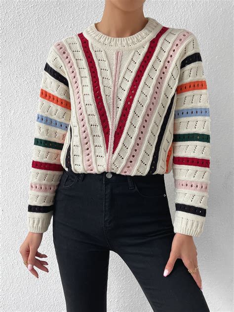 Block Striped Pattern Pointelle Knit Batwing Sleeve Sweater