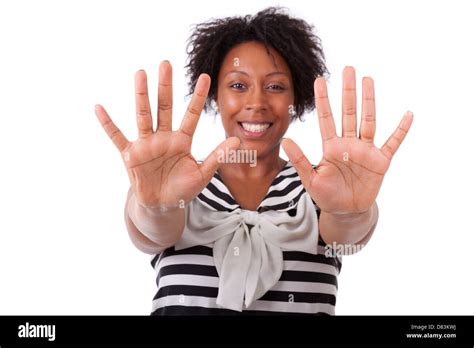 Young Black Woman Showing Her Hands Palm Isolated On White Background