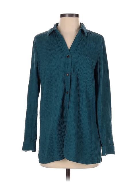 J Jill 100 Cotton Polka Dots Teal Long Sleeve Button Down Shirt Size S