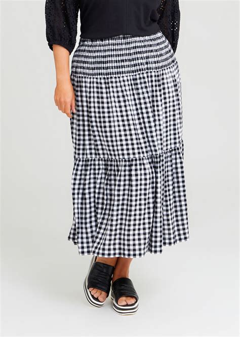 Shop Plus Size Natural Gingham Shirred Skirt In Black Taking Shape Au