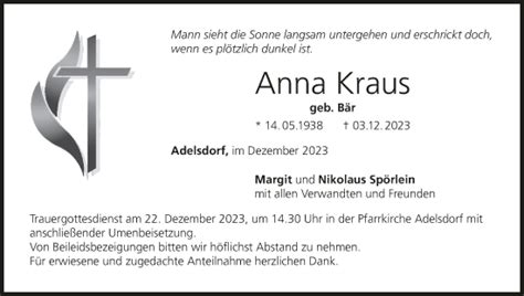 Anna Kraus Traueranzeige Trauer Infranken De