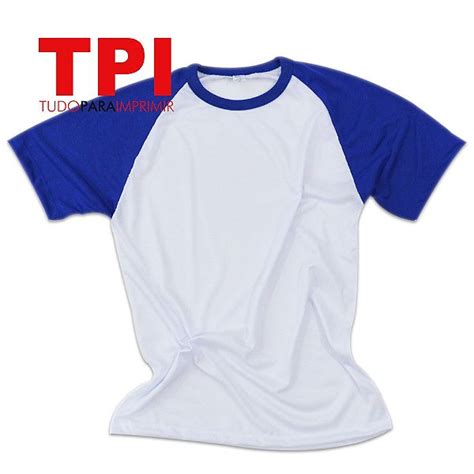 Camiseta Raglan Branca Azul Royal 100 Poliéster Tudo para Imprimir