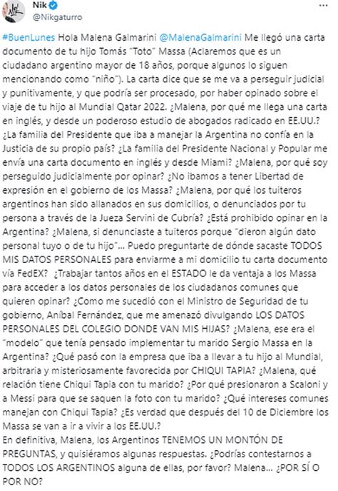 El hijo de Massa le envío una carta documento a Nik desde un poderoso