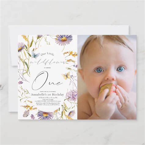 Wildflower Butterfly Purple 1st Birthday Photo Invitation Zazzle