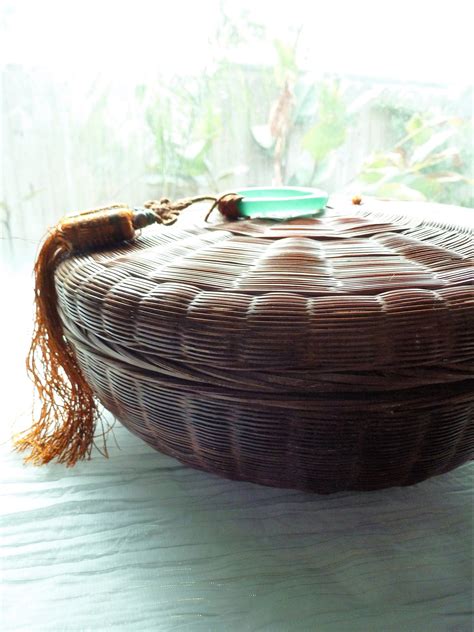 Vintage Chinese Sewing Basket With Peking Glass Bangle Silk Tassel