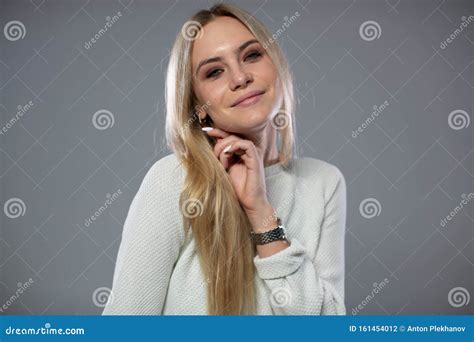 Portrait Of A Cute Smiling Blonde Stock Photo Image Of Dyed Serious 161454012