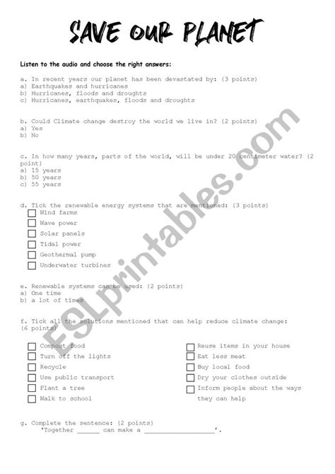 How To Save Our Planet Listening Key And Audio Included Esl Worksheet By Booxaki