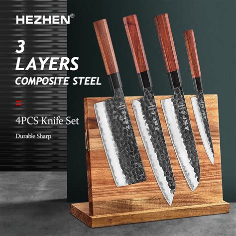 HEZHEN 5PC Kitchen Knife Set 3 Layers Composite Steel Rosewood Handle