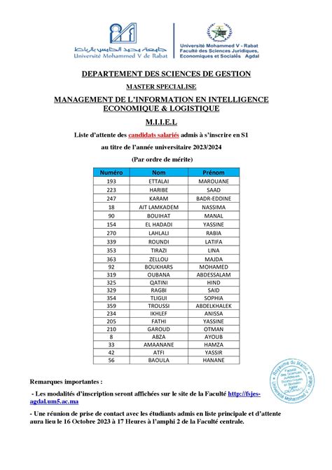 Complément de la liste d attente des candidats définitivement admis à s