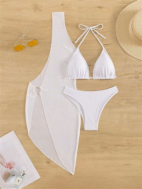 SHEIN Swim Conjunto de bikini de triángulo Halter llano para playa de