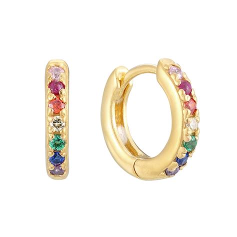 Rainbow Cz Huggie Hoops Tiny Gold Hoop Earrings Cz Hoop Etsy Uk