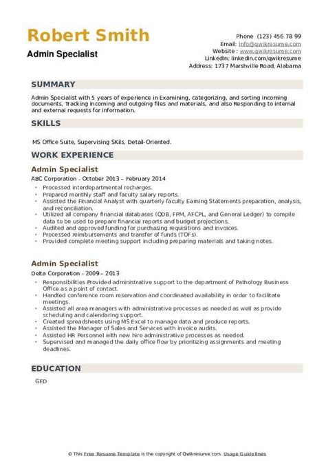 Admin Specialist Resume Samples Qwikresume