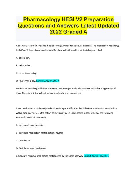 Pharmacology HESI V2 Preparation Questions And Answers Latest Updated