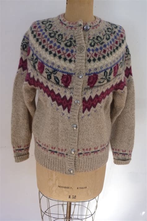 Vintage Eddie Bauer Fair Isle Cardigan Sweater Red Rose