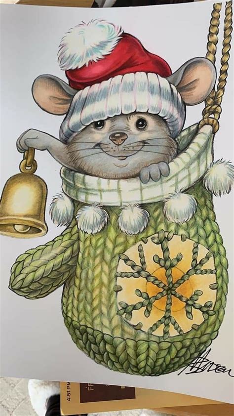 A Drawing Of A Mouse Wearing A Santa Hat And Holding A Bell In His Hand