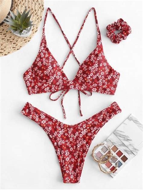 Zaful Tiny Floral Criss Cross Bikini Swimsuit With Hair Tie Bright