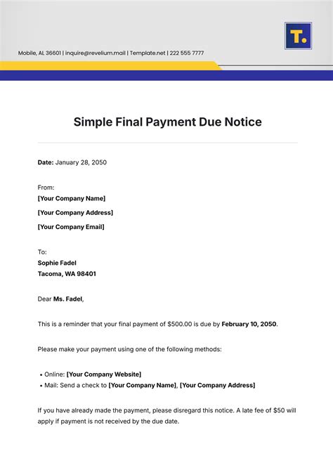 Free Simple Final Payment Due Notice Template to Edit Online