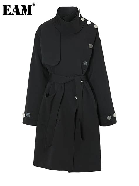 Eam Women Black Button Big Size Long Trench New Stand Collar Long