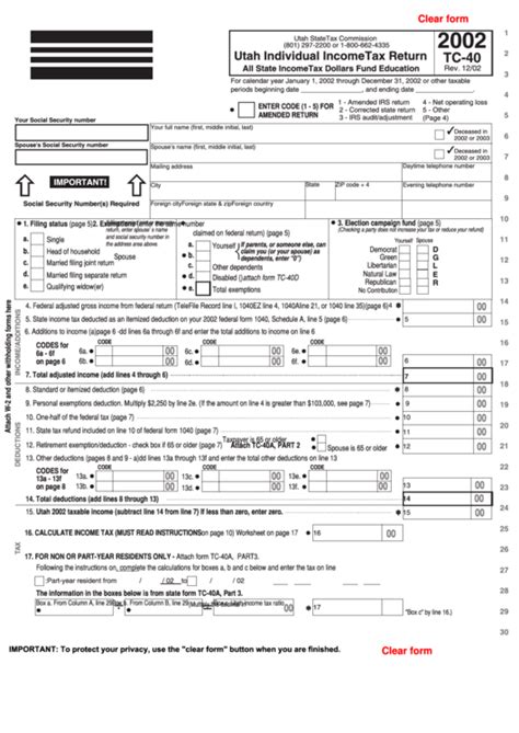 Fillable Form Tc 40 Utah Individual Income Tax Return 2002