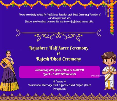 Half Saree Dhoti Ceremony Invitation Ecard Clipart Theme