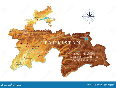 Tajikistan Physical Map Stock Vector Illustration Of Mountain 196352147