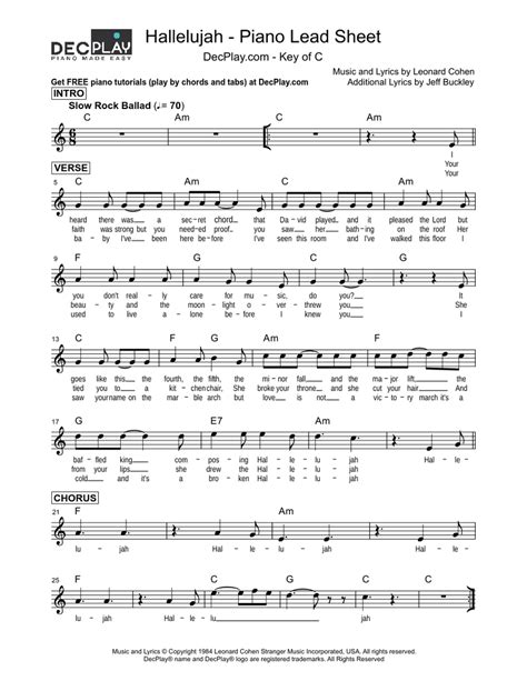 Hallelujah Lead Sheet C Piano Guitar Vocals Leonard Cohen