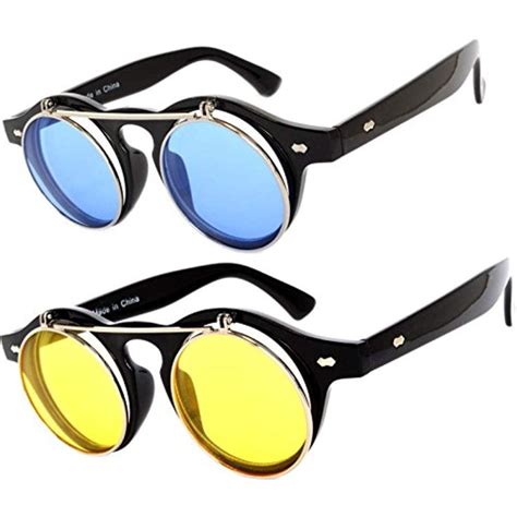 Owl 2 Pack Flip Up Steampunk Vintage Retro Round Circle Gothic Colored Plastic Frame Sunglasses