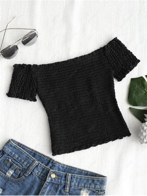 [33 Off] 2021 Shirred Off Shoulder Cropped Top In Black Zaful