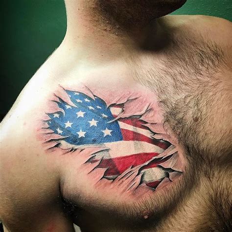 American Flag Tear Through Chest Tattoo - Veteran Ink