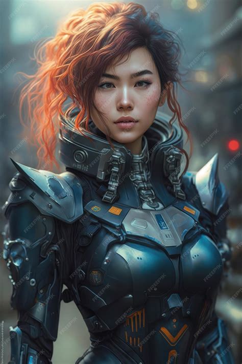 Premium Photo Amazing Asian Girl Wearing Metal Futuristic Armor Generative Ai