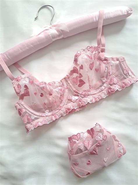 Heart Embroidered Lingerie Set Floral Sheer Bra Pink Bra Etsy