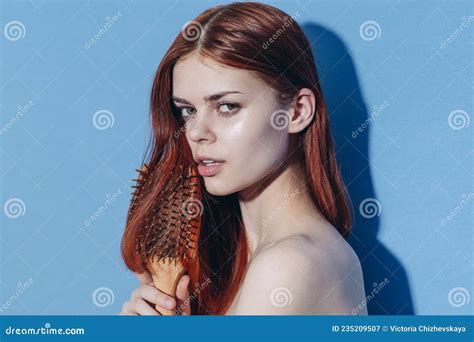 Redhead Woman Naked Shoulders Hair Care Blue Background Stock Image Image Of Girl Hairstyle