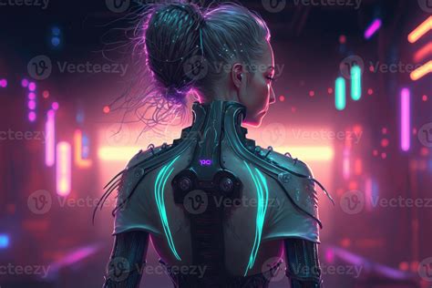 AI Generated Futuristic Sci-fi cyberpunk cyborg woman with neon lights ...