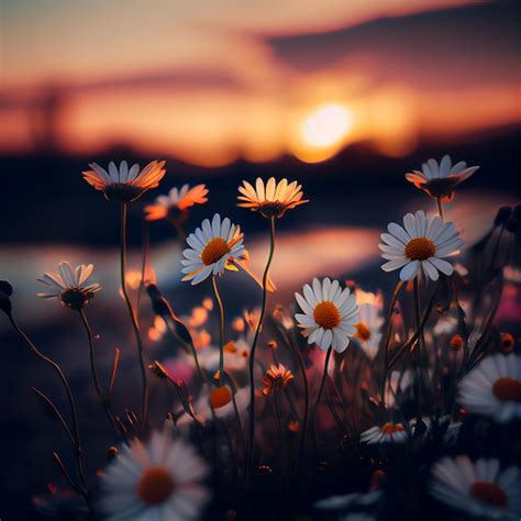 Premium Photo Beautiful Daisy Flowers In Grass Field With Sunset