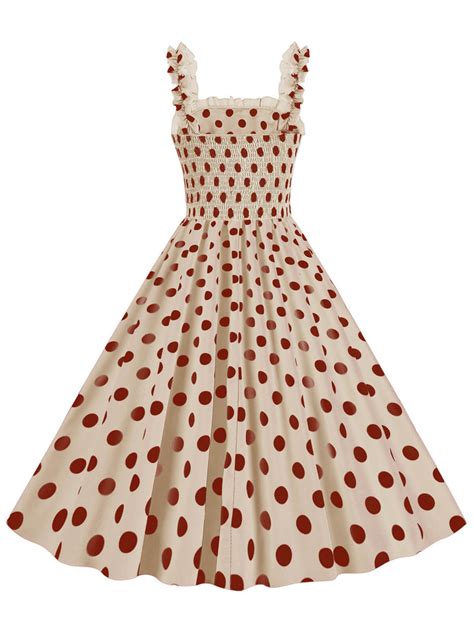 1950s Polka Dot Smocking Strap Dress Retro Stage