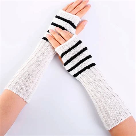 Pair Long Braid Knit Fingerless Gloves Women Wrist Arm Warmer Stripe