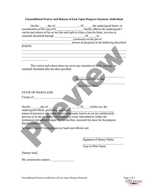 Maryland Unconditional Waiver And Release Upon Progress Payment