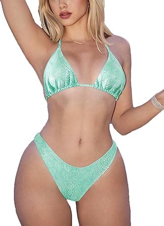 Amazon Limeeke Women S Metallic Halter String Triangle Bikini Set