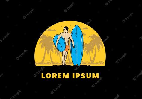 Premium Vector The Shirtless Man Holding Surfboard Illustration