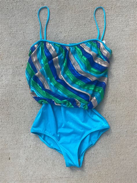 S Blue Striped Blouson Tankini By Deweese Design S One Piece