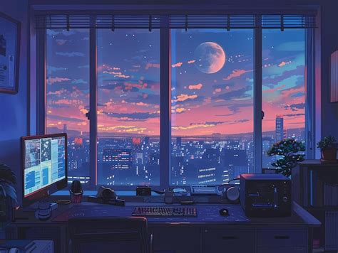 Work desk with city views background illustrationbeautiful lof animei ...